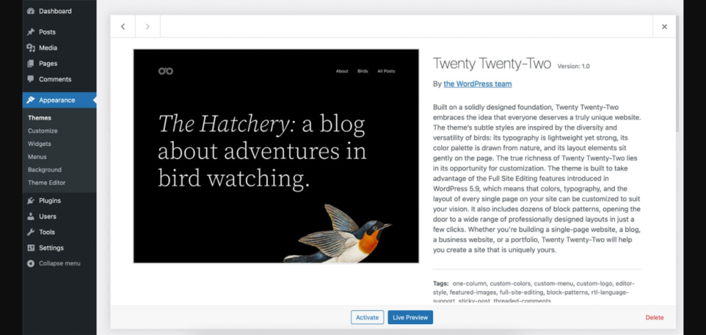 full site editing theme WordPress twenty twenty two theme